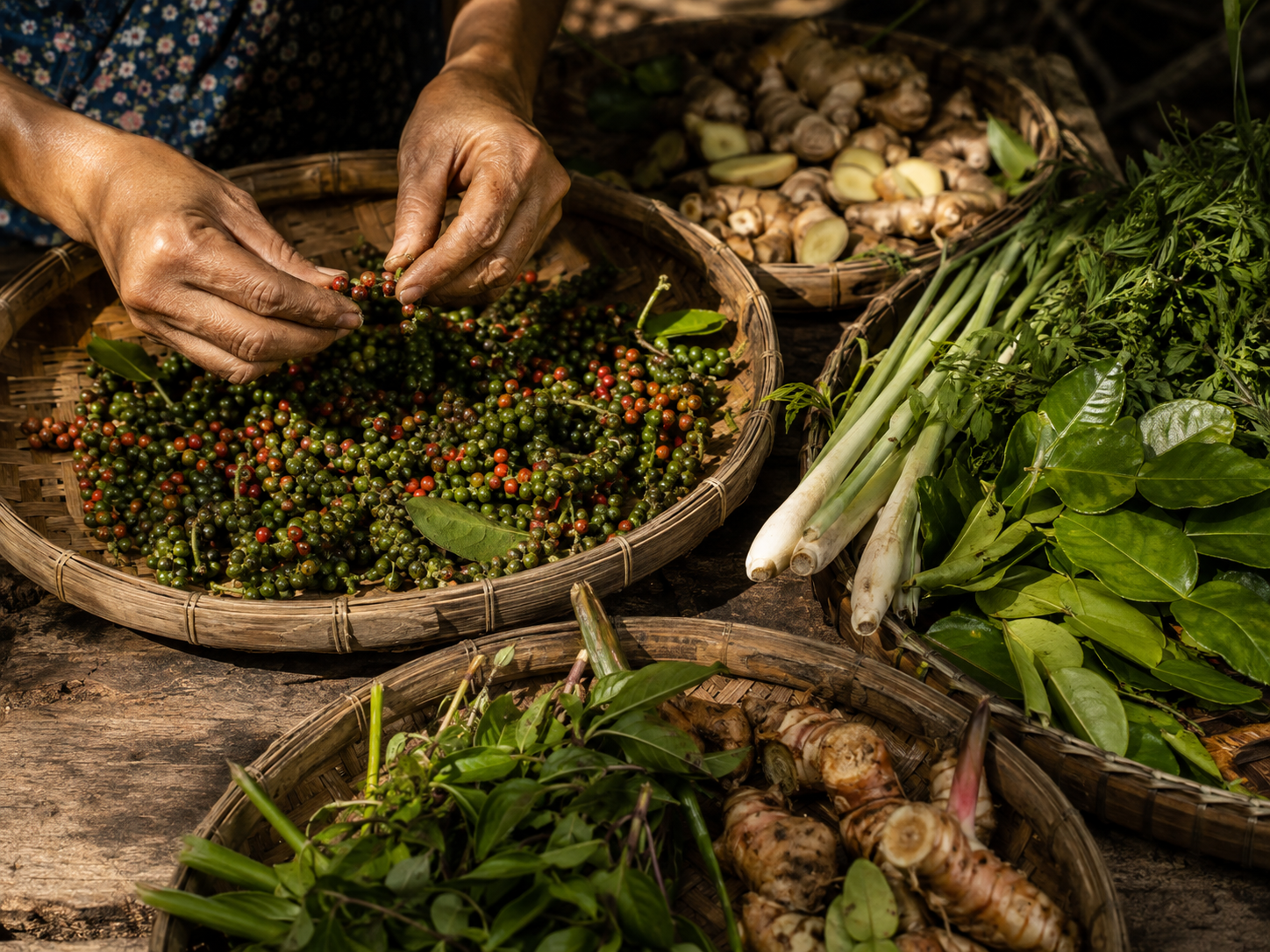 Fresh pepper and herbs being sorted by hand