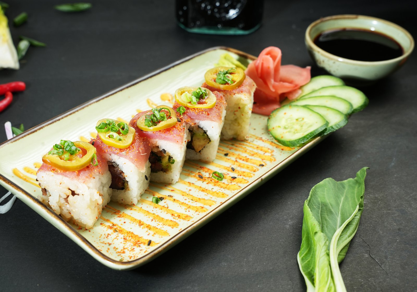 Spicy tuna sushi rolls plated at Kampot Pan Asian Restaurant