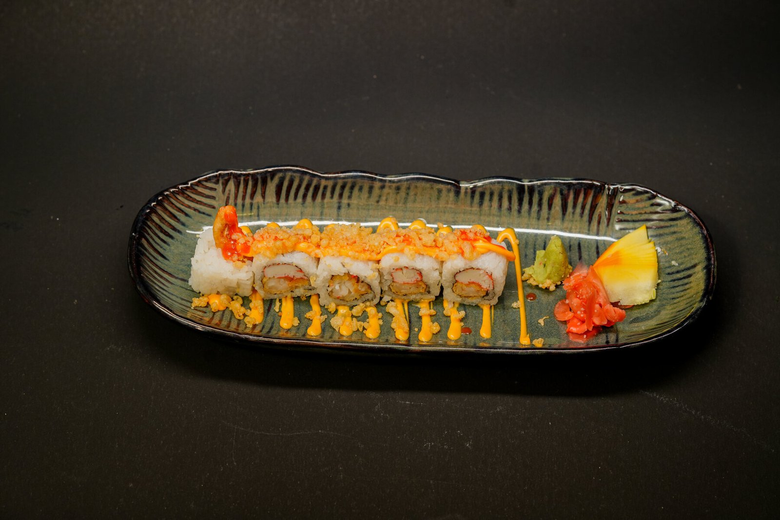 Prawn tempura sushi roll with crab stick and sushi rice at Kampot EcoWorld