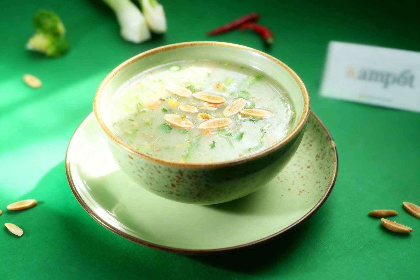 Vegetarian Eight Treasure Soup at Kampot with vegetables and sliced almonds